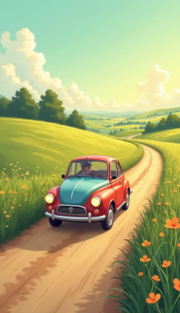 A detailed cartoon-style illustration of a car driving down a scenic country road, surrounded by lush green fields and rolling hills. The car is an old-fashioned, charming vehicle, with rounded edges and a vibrant color, possibly red or blue, giving it a n...