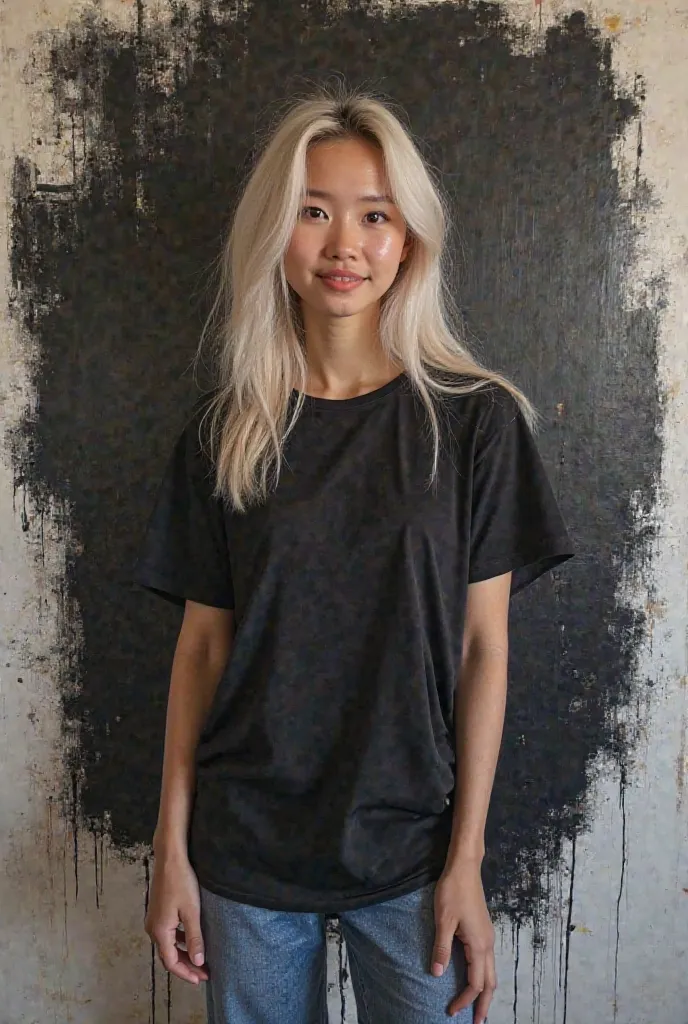 a beautiful young woman Indonesian body posture full of smiling white straight blonde hair mixed color bright straight shiny shirt wearing black t-shirt image of handsome Indonesian guy in shirt girl standing leaning wearing hat long jeans cargo white shoe...