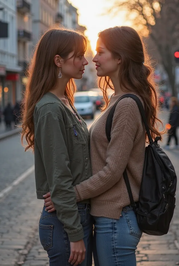 Deux jeune femme qui se rencontre dans la rue  une collegienne de 13 ans cheveux yeux bleu boucle d'oreille taille environ 1metre 60 sac a dos et l'autre femme vingtaine d'année les cheveux mi longs chatain les yeux bleu taches de rousseur 