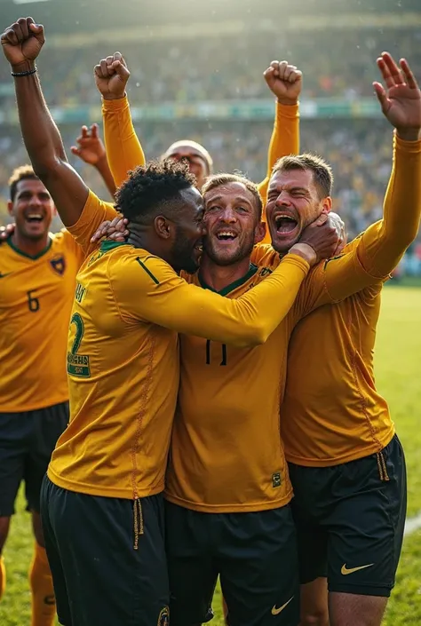 Football players celebrating wearing yellow uniforms and black pants 