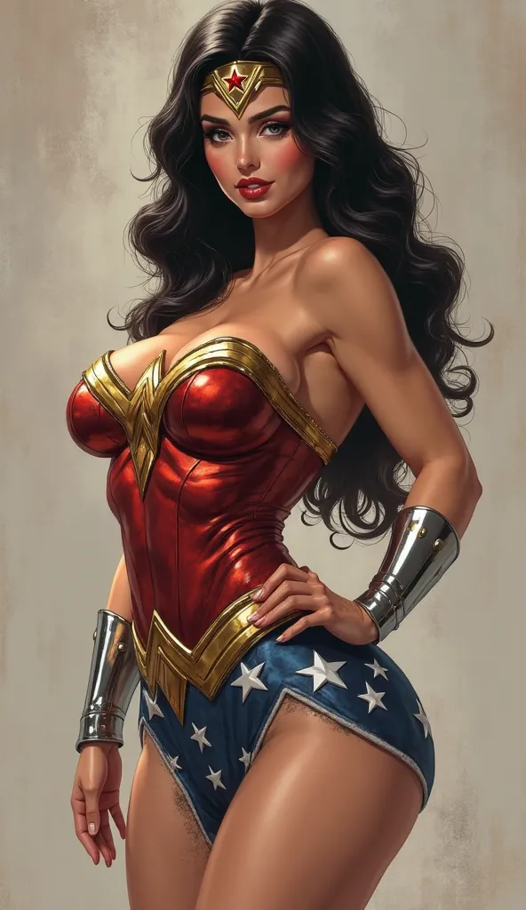 Wonder Woman super sensual, semi-nude and with many curves, big breasts, thin waist and thick thighs, ultra-realistic image in very sexy poses