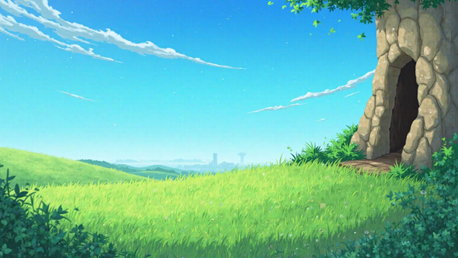 Anime style. blue sky. clear day. Green grass. On the right, the entrance to the cave. There are no people. 