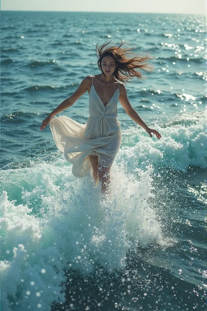 a woman flying low over the sea, her feet hovering above the surface of the sea water causing water splashes.
wind blowing, waves crashing.
Camera zoom out slowly