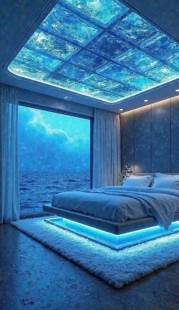 An ultra-relaxing ocean-inspired bedroom with a navy blue and white color scheme. The ceiling features LED panels that simulate gentle ocean waves, casting soothing reflections throughout the room. A large panoramic window overlooks a stormy sea, where rai...