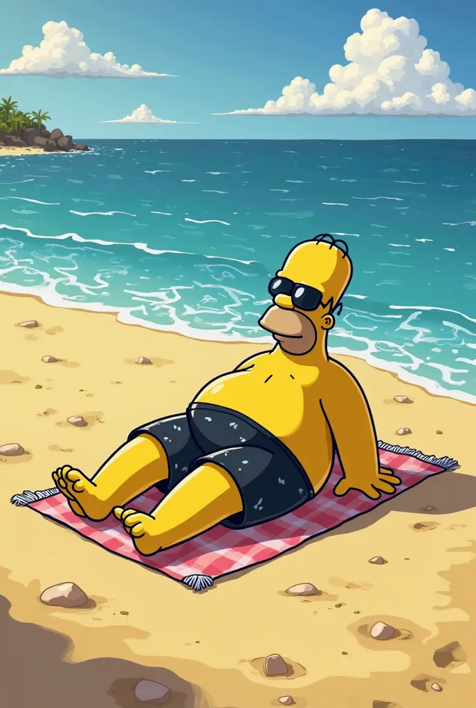 homer simpson, in black swim trunks, on a beach