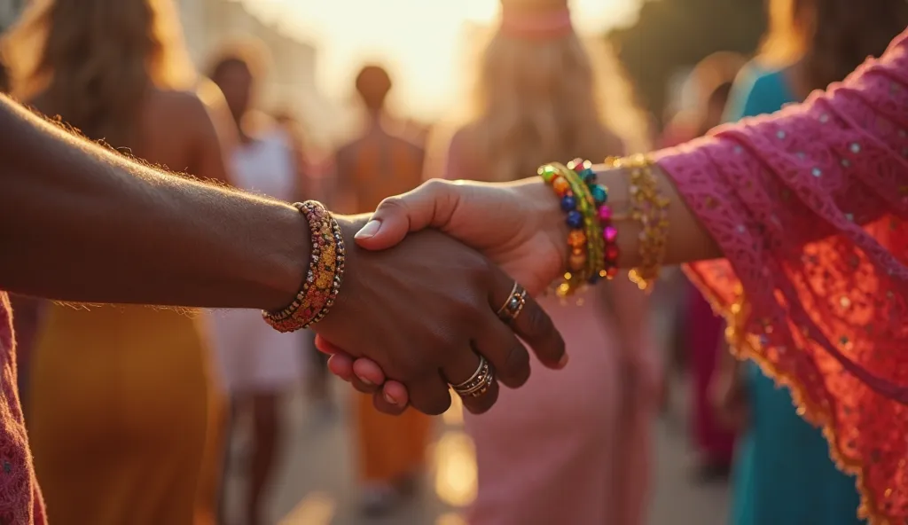 Create an exciting close-up of two hands touching each other during Carnival. One hand is of a mulatto man, with rings and neon ink, and the other is of a blond man, with colored bracelets.  The background is blurred , showing the dancing crowd, and the li...