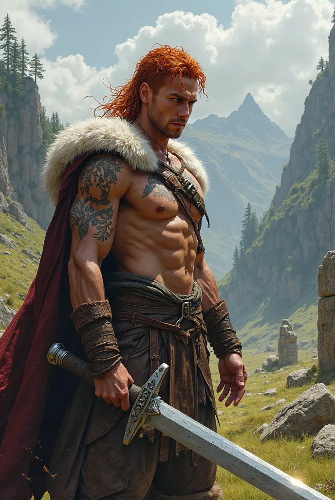  young red-haired celtic barbarian with greatsword