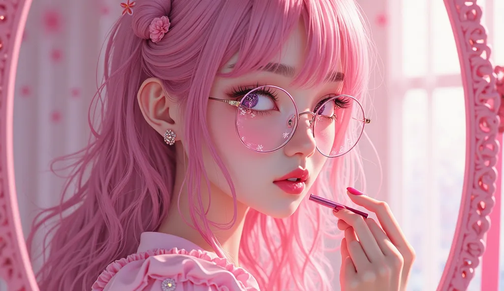 Anime girl in pink with pink hair in rose-colored glasses with glass lenses in a beautiful pink outfit stands in front of a mirror and paints her lips