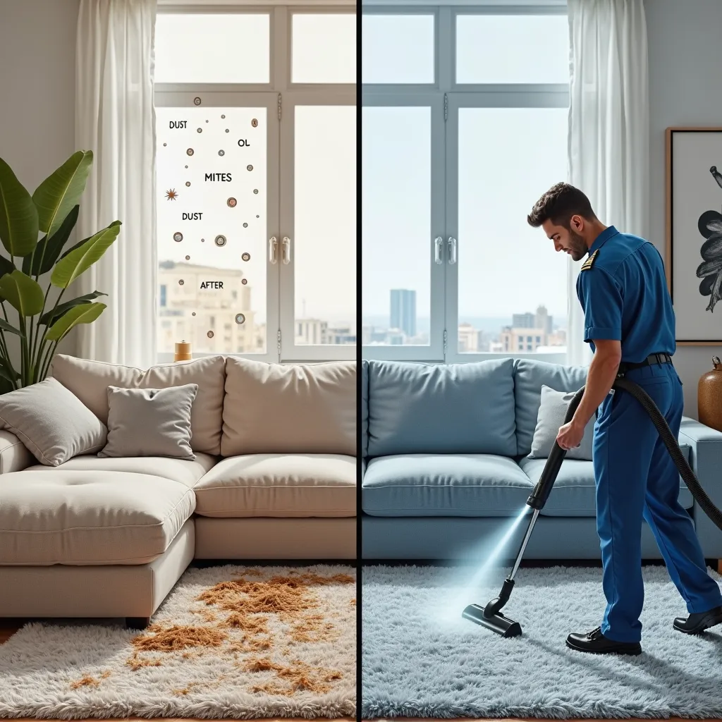 Prompt:
"Image of a modern living room with a sectional sofa divided into two parts:

On the left side ('before'), the sofa is visibly dirty, with dog hair, food stains and daily dirt from ren. Add labels with the words: 'dust mites', 'mold', 'dust', 'bact...