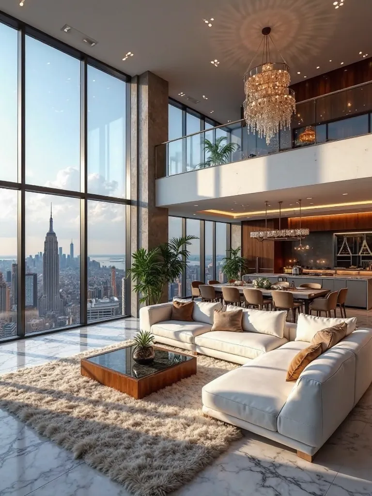 
The image depicts a luxury penthouse with a modern and sophisticated design.  The environment is large and bright , with a double ceiling that values the feeling of space and elegance. The highlight is the huge floor-to-ceiling glass windows, that offer a...