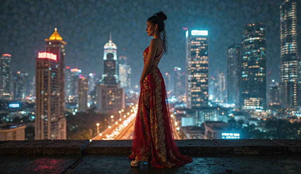 Night time cityscape portrait of a good-looking Thai woman standing on a rooftop, wearing a tradition Thai dress and white high heels. The glowing skyscrapers and streetlights enhance her bold and modern style, (8k, RAW photo, best quality, masterpiece:1.4...