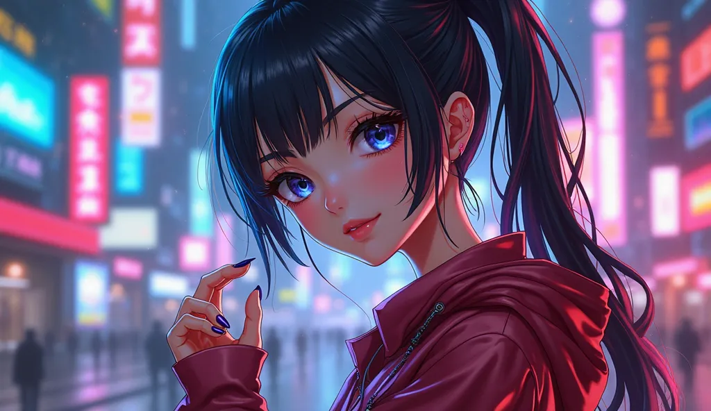 cyberpunk anime style vibrant half body image of a young girl with perfect body having small gesture, here appearance is hot 