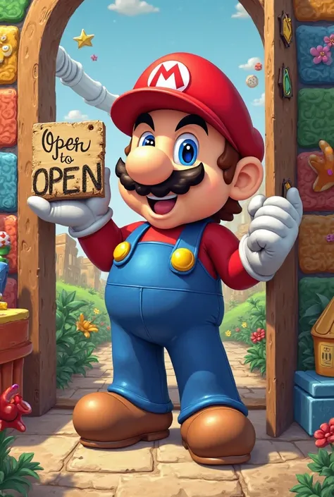 Mario holding the sign to open the door