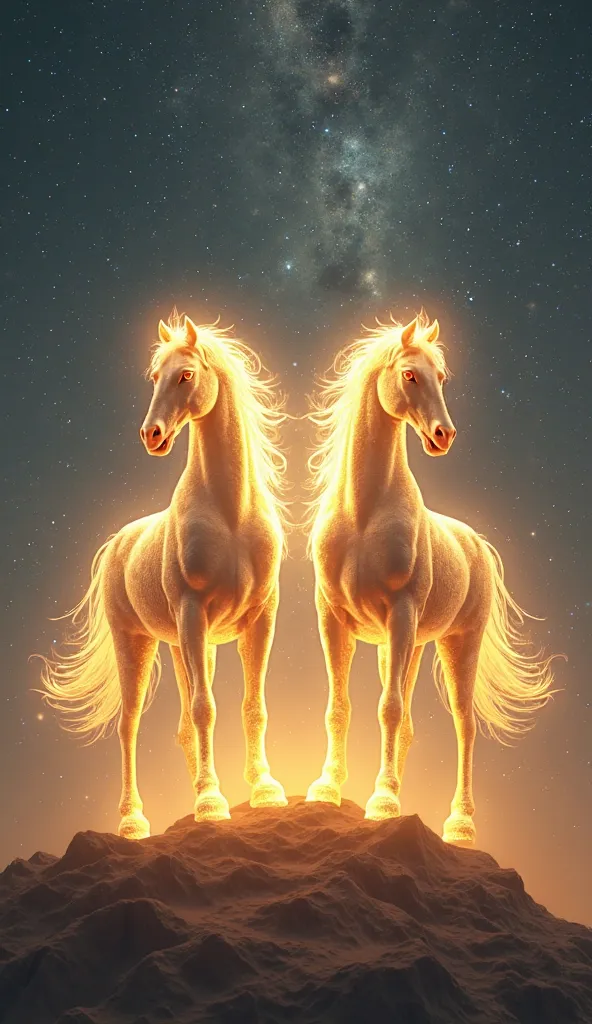 A celestial depiction of Ashwini Nakshatra, symbolized by two luminous horse-headed divine beings standing in a cosmic space filled with twinkling stars. The scene radiates a mystical golden glow, representing speed, healing, and vitality. The background f...