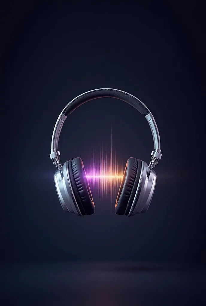 A macro, 
front-facing
 view of 
a hovering pair of silver headphones
 with 
a minimal, transparent sound wave depicted between the ear cups
 in 
luminous white, purple, and yellow
 colors over 
a dark navy
 background.