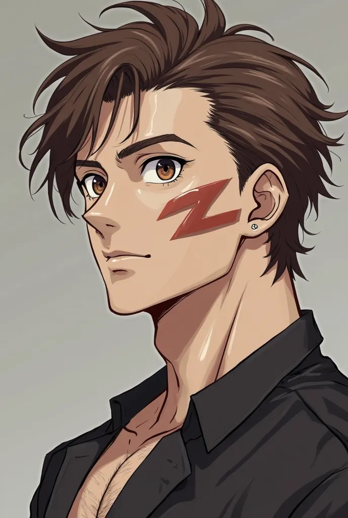  a tall, muscular man ,  with a scar on the face , that started at the root of the hair on the left side and went down to the chin, passing laterally through his left eye.  has brown hair , brown eyes and white skin. anime style