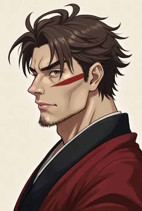  a tall, muscular man ,  with a scar on the face , that started at the root of the hair on the left side and went down to the chin, passing laterally through his left eye.  has brown hair , brown eyes and white skin. He wears a kind of black and red kimono...