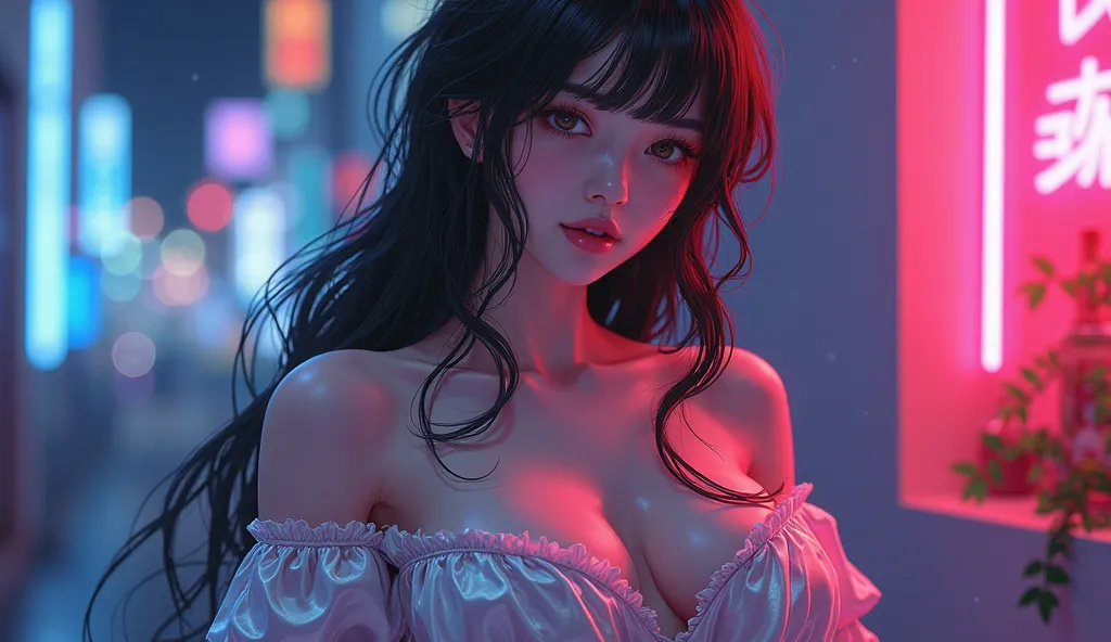 cyberpunk anime style vibrant half-body image of a young girl with a perfect curved body her chest is bigger and she is wearing lose fitting hot silky night dress