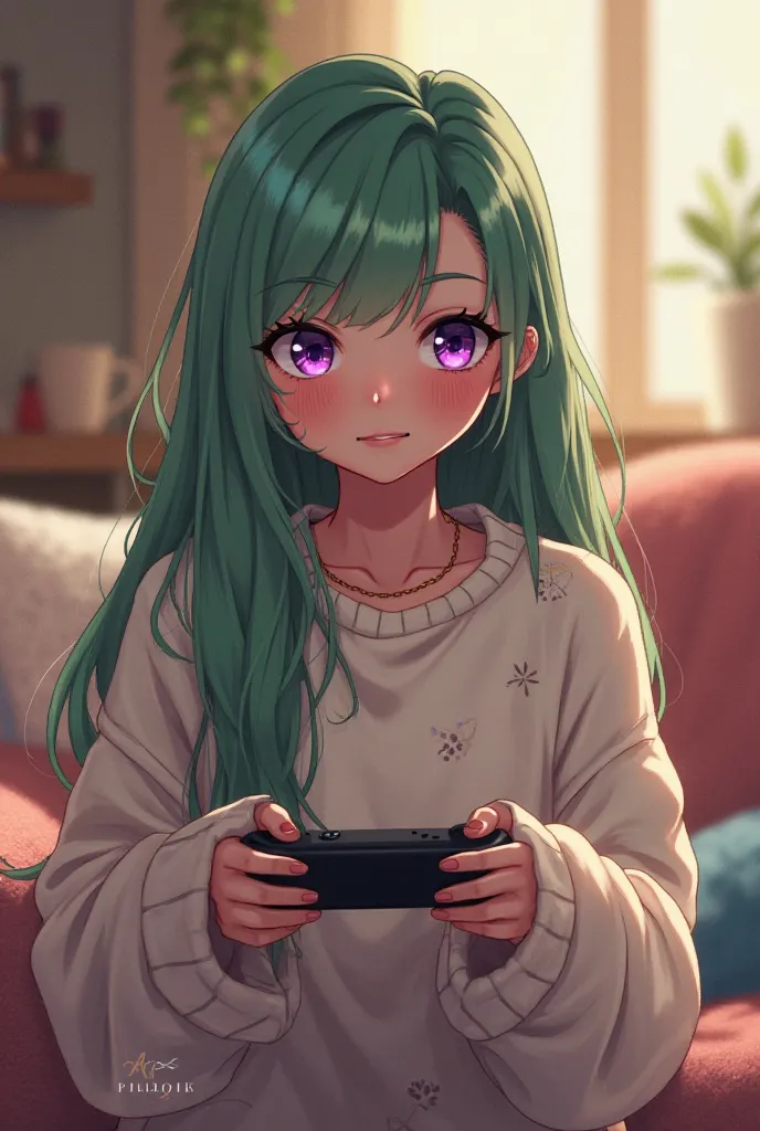 Drawing art style of a Woman with long green hair, purple eyes, wearing cozy sweater, holding a game controller. 