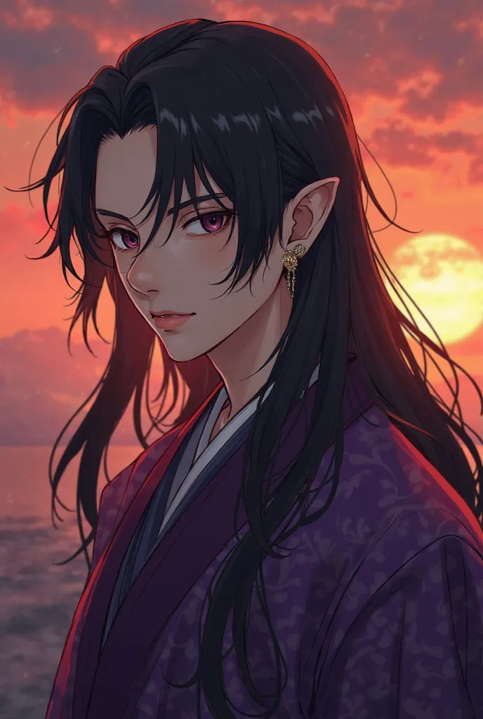 высокое качество, male,  One character, Sunset,  purple hanfu ,  right ear earring , eye bags, obsidian eyes, sunken cheeks, black fingers, Black hair, hairstyle loose long hair,  narrow eyes, DEEP NIGHT