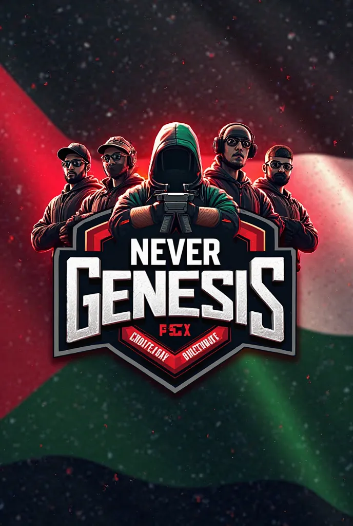 The Squad PUBG logo says NEVER GENESIS ESPORT and the background is the flag of Jordan with the names ROGER, SHEXS, BARON and CECILEON