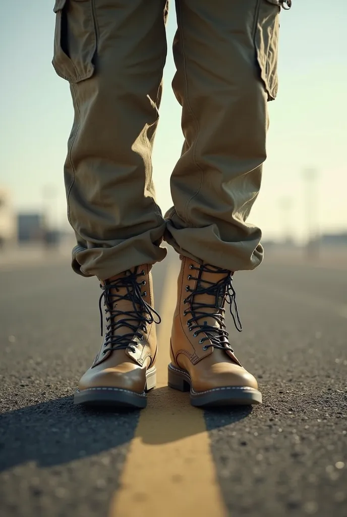 Feet in modern combat boots typical of the Israeli army,the typical asphalt background of an Israeli military airport, very realistic, finest details, very natural, cinematic, Zoom camera, modern combat pants typical of the Israeli army 