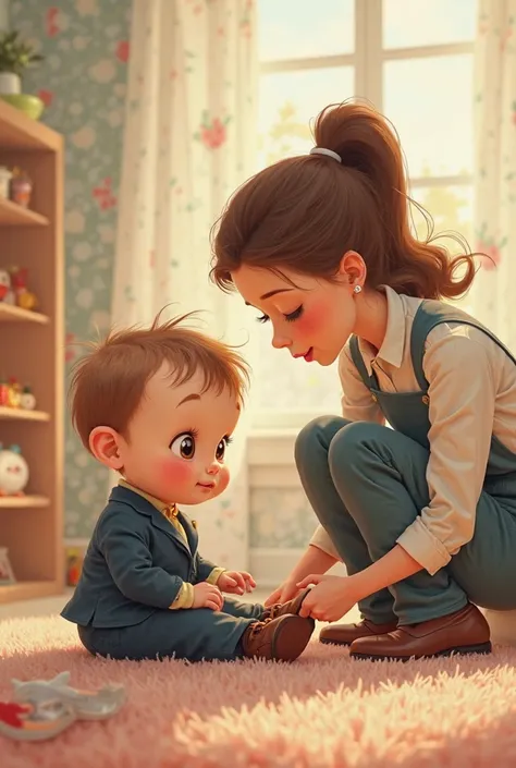 Beautiful baby boy wearing suit and shoes  his mother  trying wearing  him shoes cartoon potrait imaged