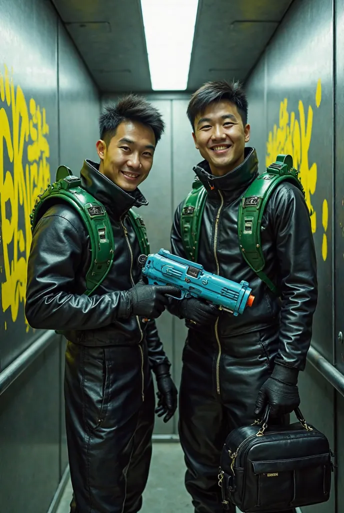 Two futuristic 18 year old Chinese men smiling and one of the men is pointing a small chunky blue futuristic ray pistol at the camera and the other man is holding a black leather bag, both are wearing shiny long black and green rubber boilersuits with rubb...