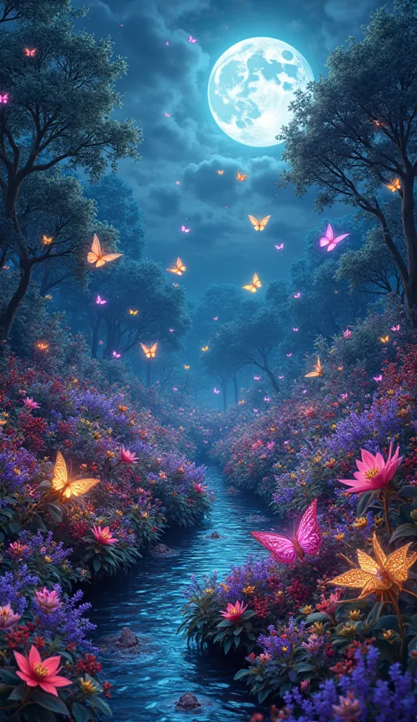 Moonlit night. Enchanted garden with neon plants 
Night multicoloured butterflies 