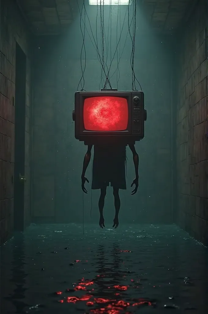 A deformed being with the head of a television set in a dark room and hanging from the ceiling suspended in the air, held by cables, the television emits a reddish light, the place is heavily flooded by water. 