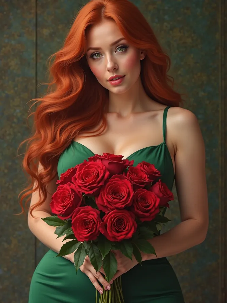 Beautiful redhead, Brazilian body, long wavy hair, holding a large bouquet of red roses. Wearing a beautiful green dress that fits the body
