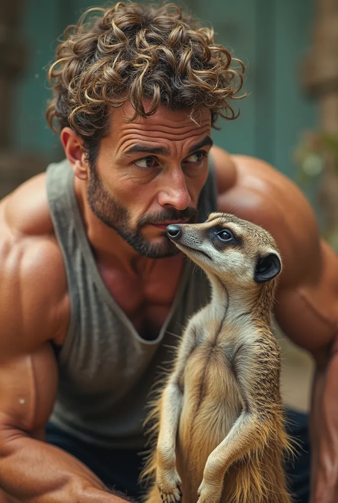 40-year-old muscular personal trainer kissing a meerkat on the mouth with curlers