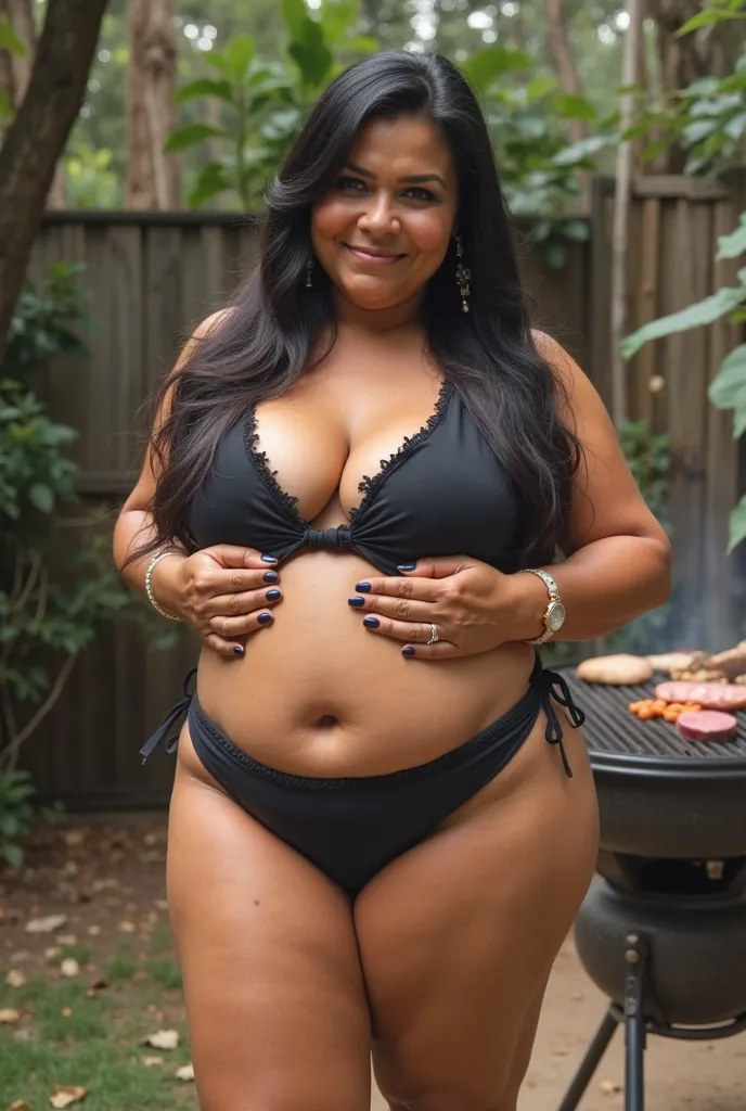 Hyper realistic image of a something chubby woman with the following characteristics:  Colombian nationality , 48 years old, with 3 pounds of extra weight all lodged in their hips and legs,  long straight black hair, very wide hips , thick and sturdy legs,...