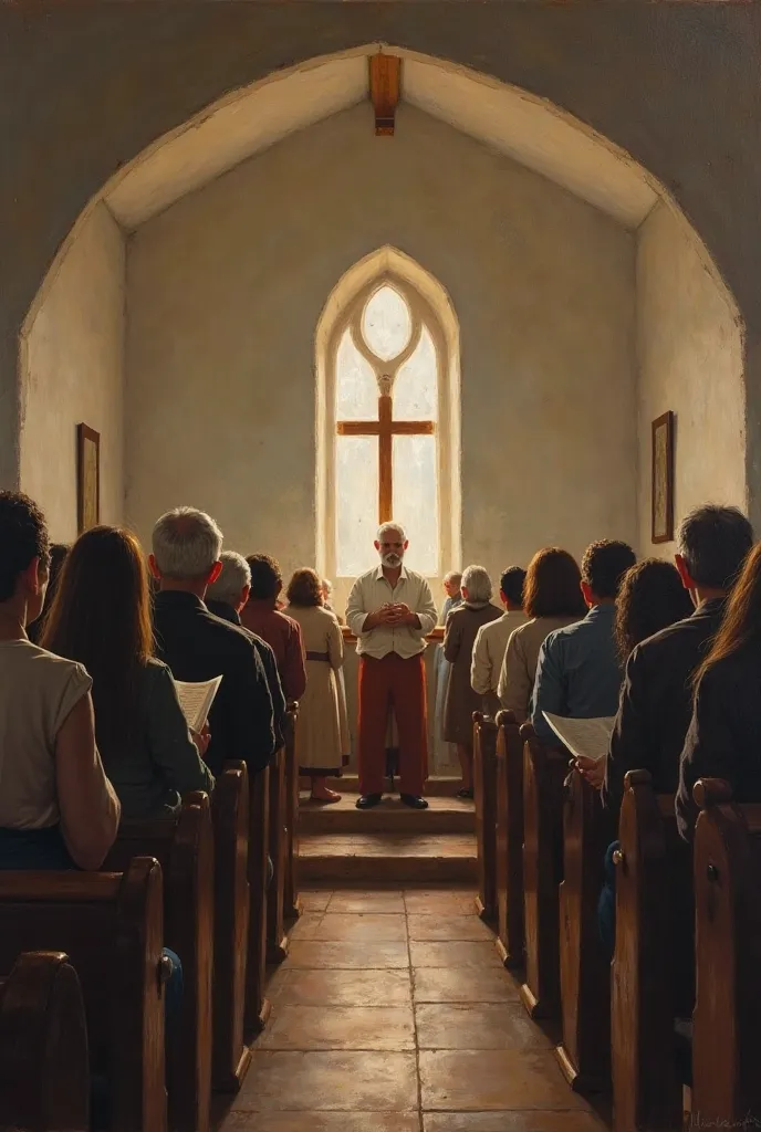 Serving in an evangelical church with no icons, low ceiling, and few people, painted oil