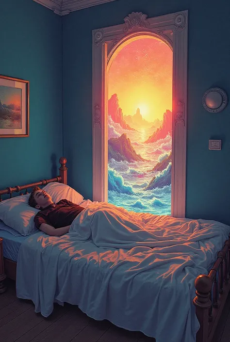 A person lying on a bed as their shadow rises and crosses a glowing portal. On one side of the portal , A Normal Room;  on the other, an abstract and surreal dream world, with vibrant colors and impossible creatures watching."