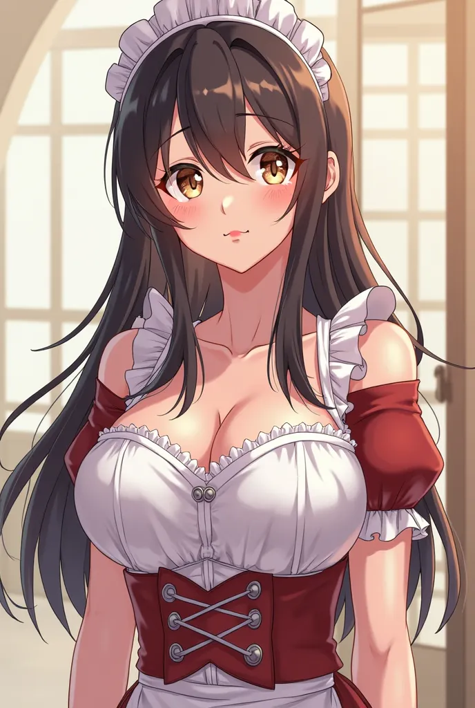 A cartoon image of a woman with a very large chest,  An anime drawing of Yang J  ,  winner of the pixiv , serial art,  seductive anime girl ,  Anime girl disguised as a servant , Moe Style Anime, detailed digital anime art,  clean and detailed anime art, E...