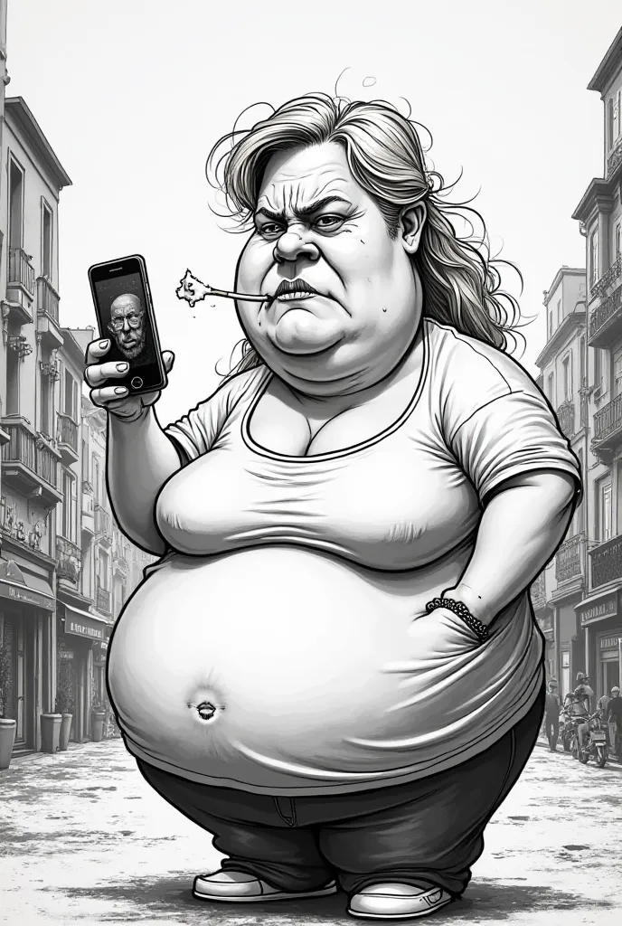  Caricature en noir et blanc  une femme obèse blonde qui filme avec son téléphone une rue de Marseille et qui transpire avec une cigarette dans la bouche.
