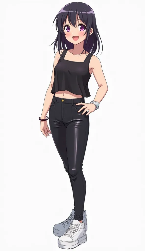 Japanese anime adolescent woman with long straight black hair and short locks dyed purple and intense magenta eyes and wears a white watch on the wrist of her left arm and a thin black bracelet on her right wrist and wears a short black top with wide strap...