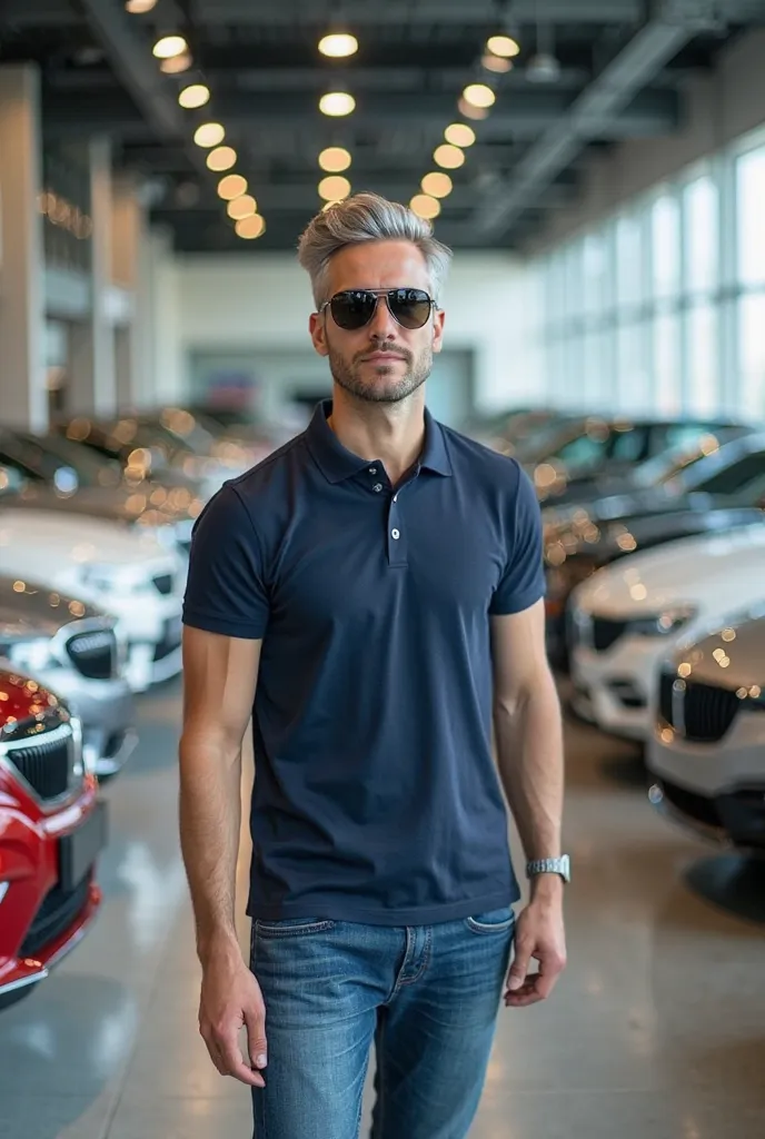 A light-skinned car salesman, gray hair, athletic body, wearing sunglasses with black frames, and wearing new jeans, and a navy blue polo shirt and black shoes, in a bright room, with several cars, 