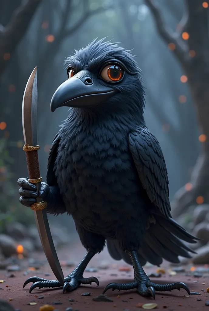 Un  corbeau voyou  avec ,, un sabre courbé  a la main  un bandeau de pirate sur l oeil drôle humour pixar corps entier vu de loin  décor   sombre et dangereuse 