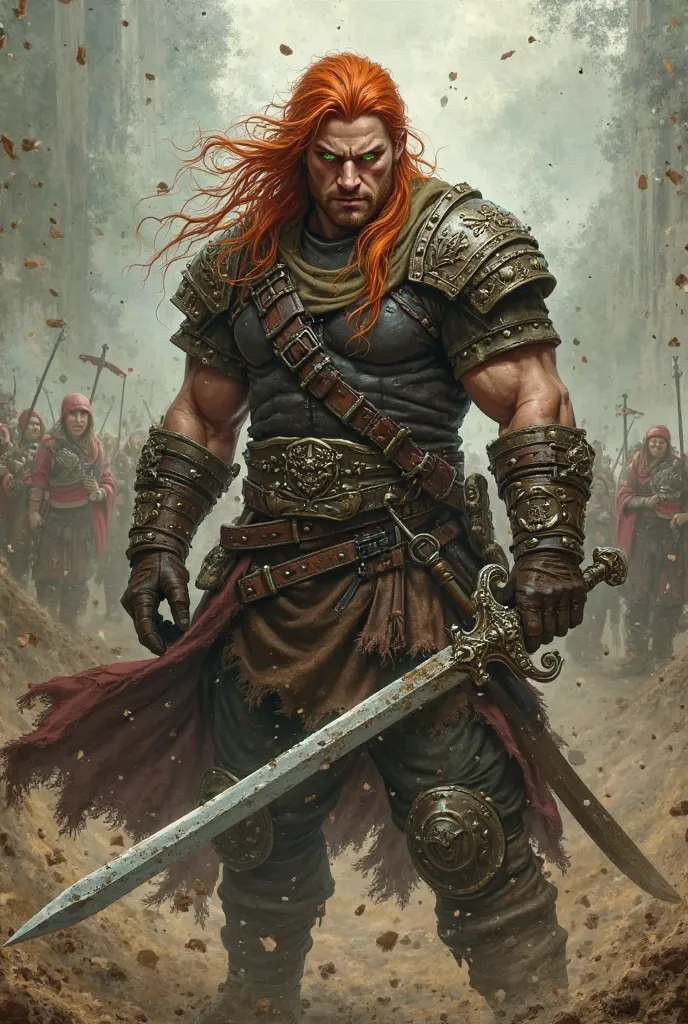 Create me a warrior with red hair, green eyes holding a sword in battle pose, with fight clothes . thanks 