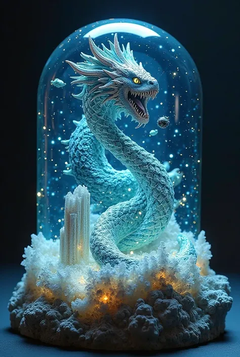 A highly detailed, realistic transparent resin snow globe lamp. Inside, a majestic, serpent-like leviathan with shimmering silver-blue scales floats through an ethereal ocean sky, its body coiling around floating ruins. Glowing runes pulse along its form. ...