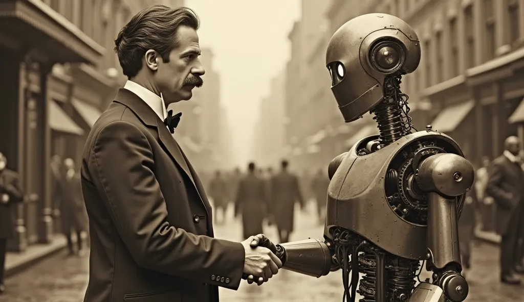 "A sepia-toned vintage photograph from the early 1900s, showing a well-dressed gentleman with a classic mustache, wearing a bow tie and a formal suit, shaking hands with a humanoid robot made of metal and mechanical parts. The scene is set in a bustling ci...