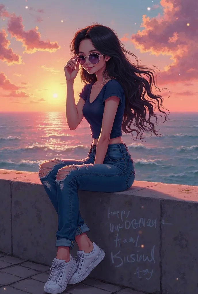 Realistic anime-style illustration of a young woman with long hair and dark, fair skin and serene smile, sitting on a wall overlooking the ocean at dusk.  He wears round sunglasses , a dark blue top and tight ripped jeans, combined with white sneakers. His...