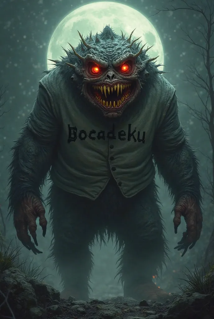 Monster called Bocadeku, with big yellow teeth, red eyes and a blouse with the name Bocadeku written on it, He is in the night