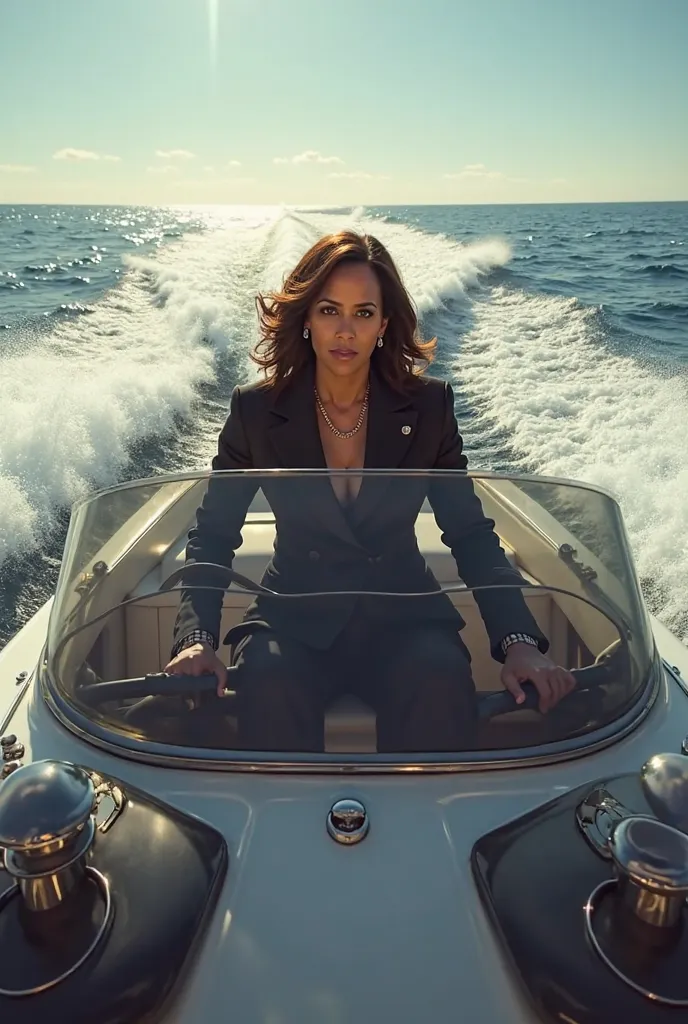 Small Kamala Harris on a power boat