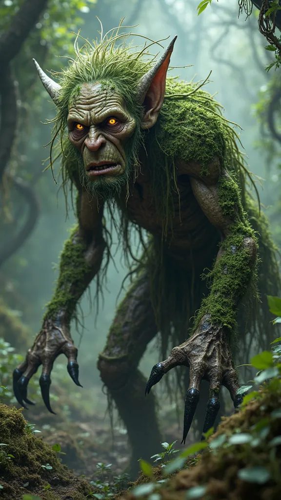 goblin. A monster made up of grass and wood. Looks like an old man. goblin.  creepy atmosphere .