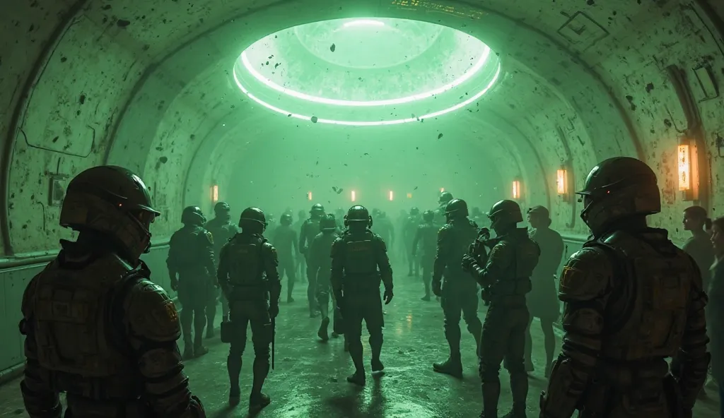 Inside a futuristic domed city, chaos erupts. Soldiers in high-tech armor forcefully detain citizens who show signs of transformation—veins glowing with faint green light, eyes shimmering like bioluminescent plants, skin slowly adapting to the new environm...