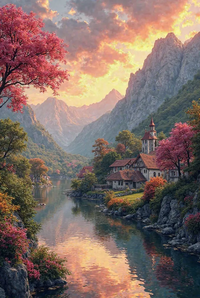 a small village by the river, mountains in the background, floral flowers colorful, detailed landscape, Beautiful natural landscapes, atmospheric lighting, scorching sunset, warm colours, practical, photopractical, Detailed Foliage, complex buildings, cobb...