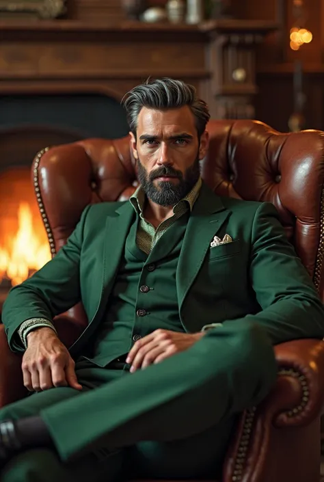 Handsome man black hair and beard qitj grey tips, lightly tanned skin, muscular, wearing a green three piece suit. Sitring in a leather chair in a fireplace lit room